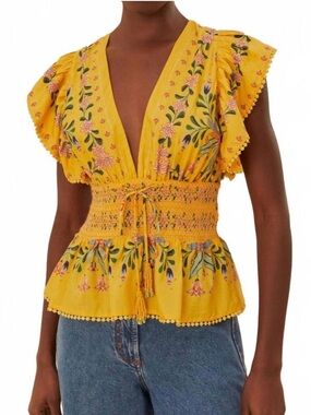 FARM RIO delicate flowers stripes blouse in yellow.